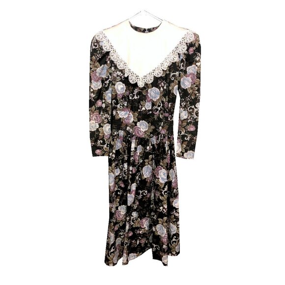 VTG Jessica McClintock Gunne Sak Black Print Fitted Dress Size Small - Picture 1 of 5